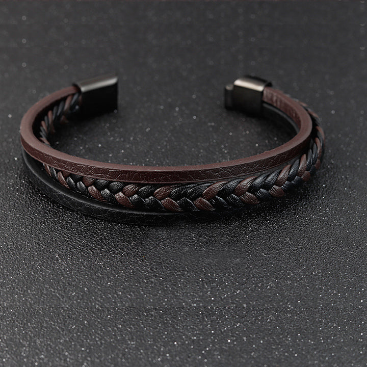 Titanium Steel Men's Leather Bracelet Double Layer