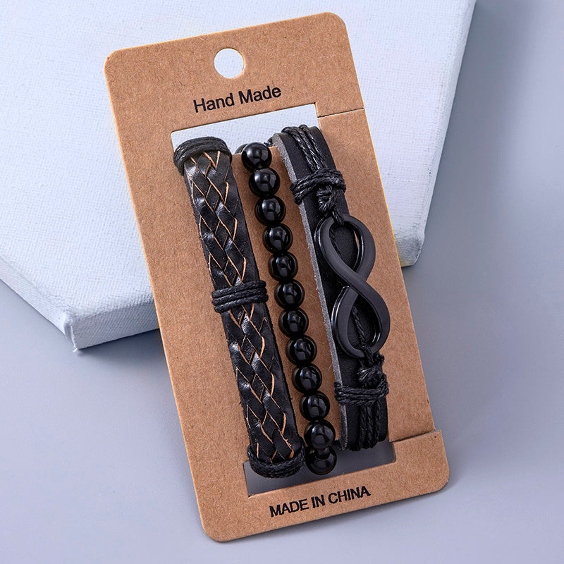 Men’s Black Braided Leather Wrap Bracelet with Infinity Symbol
