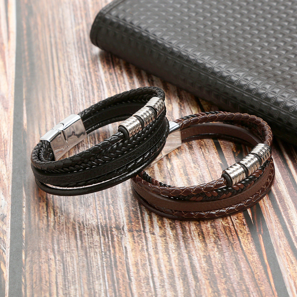 Stainless Steel Leather Magnetic Buckle Woven Bracelet