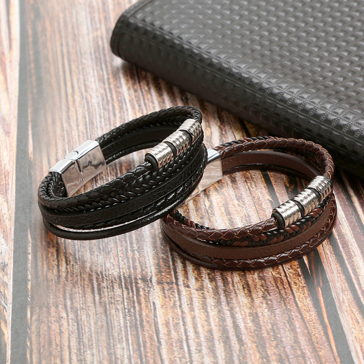 Stainless Steel Leather Magnetic Buckle Woven Bracelet