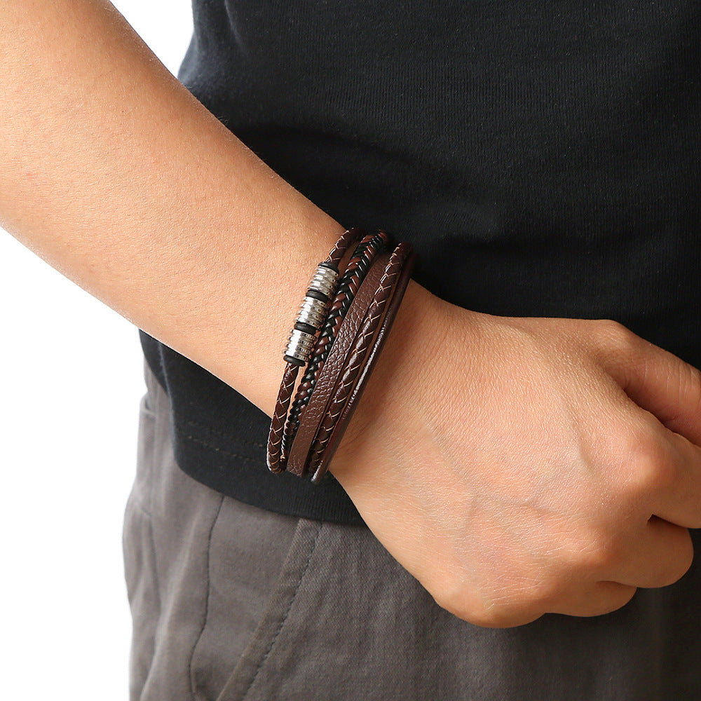 Stainless Steel Leather Magnetic Buckle Woven Bracelet