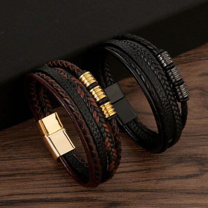 Stainless Steel Leather Magnetic Buckle Woven Bracelet