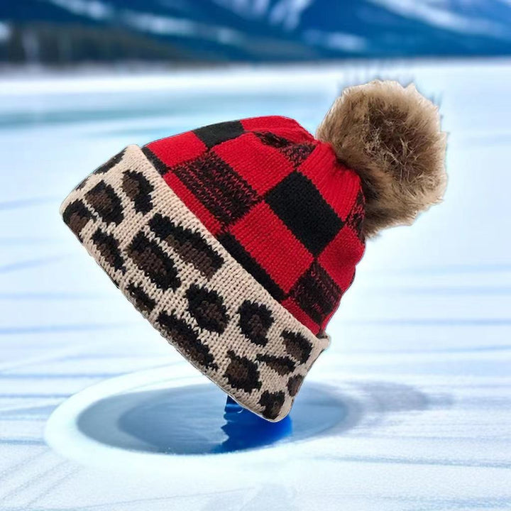 Plaid Fur Ball Knitted Hat Women's Warm Beanie Hat Jacquard Hat Woolen Cap Sleeve Cap