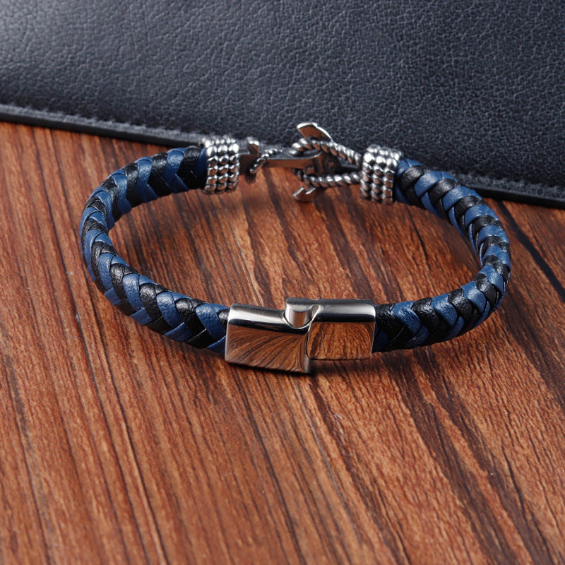 Titanium Steel Bracelet Leather Braided Anchor