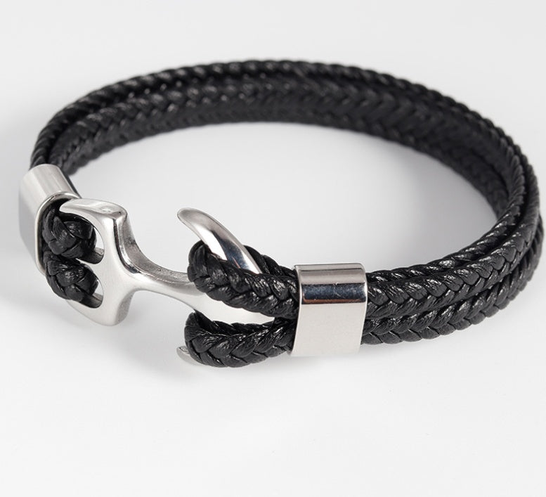 Stainless Steel Anchor Bracelet Vintage Woven Leather Bracelet Multilayer Couple Bracelet