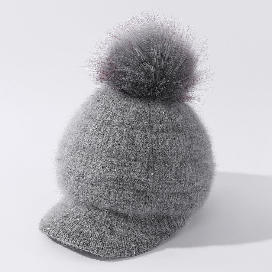 Women's Rabbit Fur Ball Plus Velvet Warm Woolen Hat