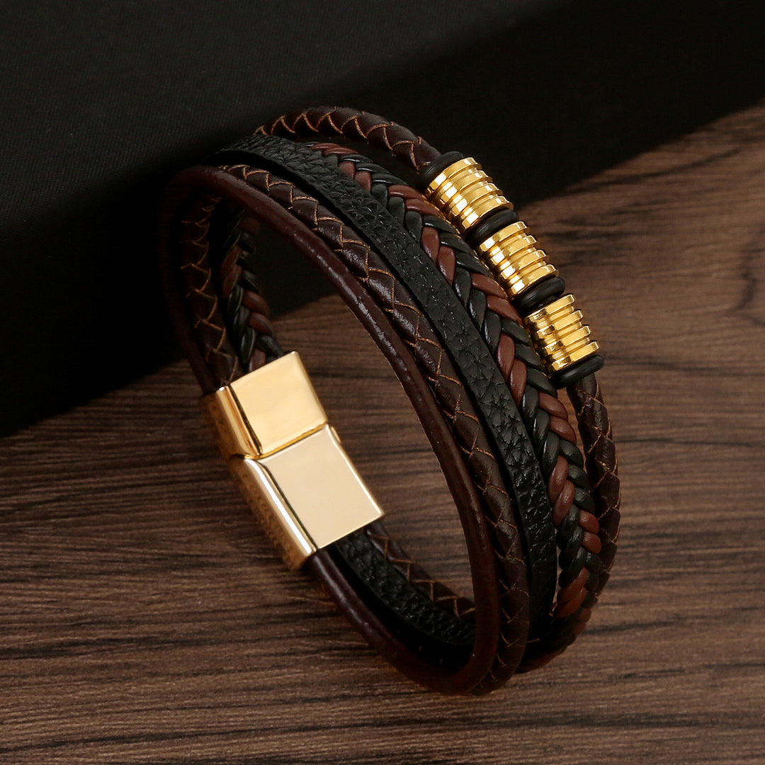 Stainless Steel Leather Magnetic Buckle Woven Bracelet
