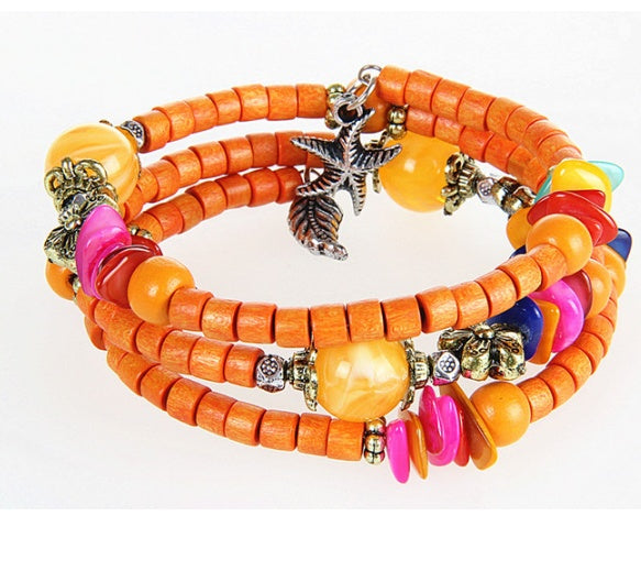 Bead Bracelet with Starfish &amp; Leaf Charms – Boho Style