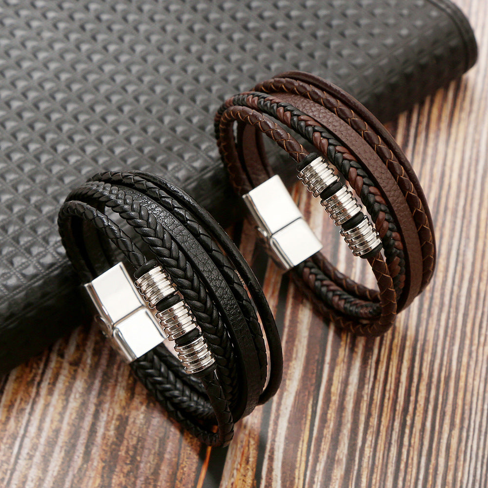 Stainless Steel Leather Magnetic Buckle Woven Bracelet