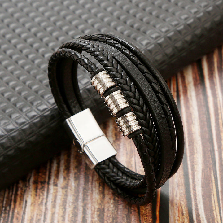 Stainless Steel Leather Magnetic Buckle Woven Bracelet