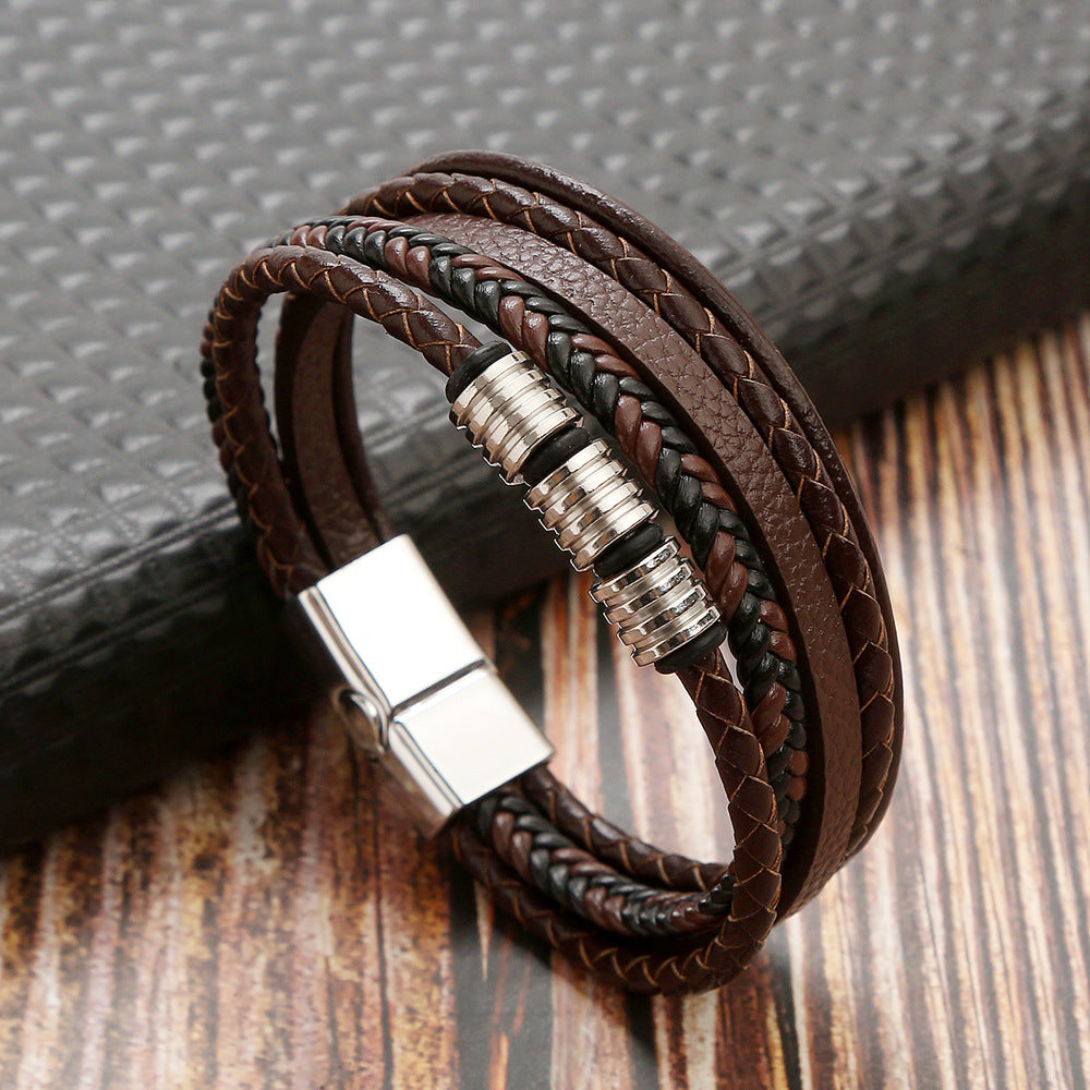 Stainless Steel Leather Magnetic Buckle Woven Bracelet