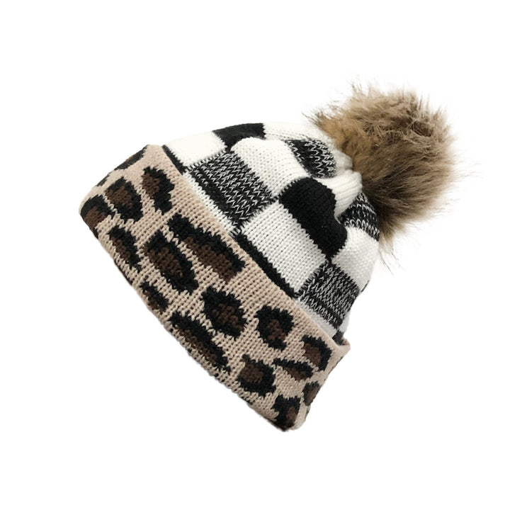 Plaid Fur Ball Knitted Hat Women's Warm Beanie Hat Jacquard Hat Woolen Cap Sleeve Cap