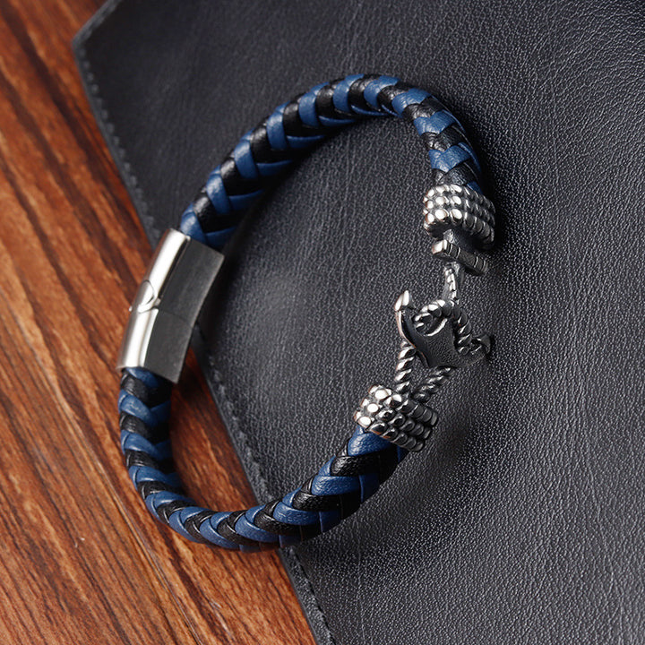 Titanium Steel Bracelet Leather Braided Anchor