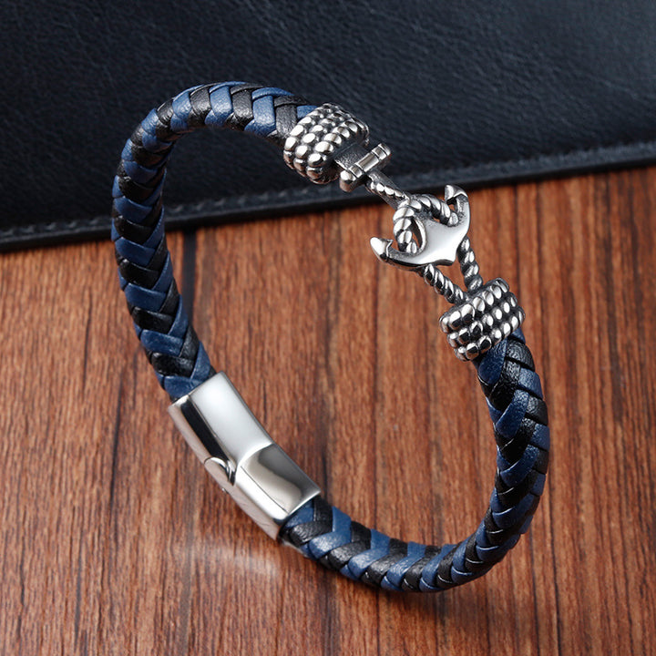 Titanium Steel Bracelet Leather Braided Anchor