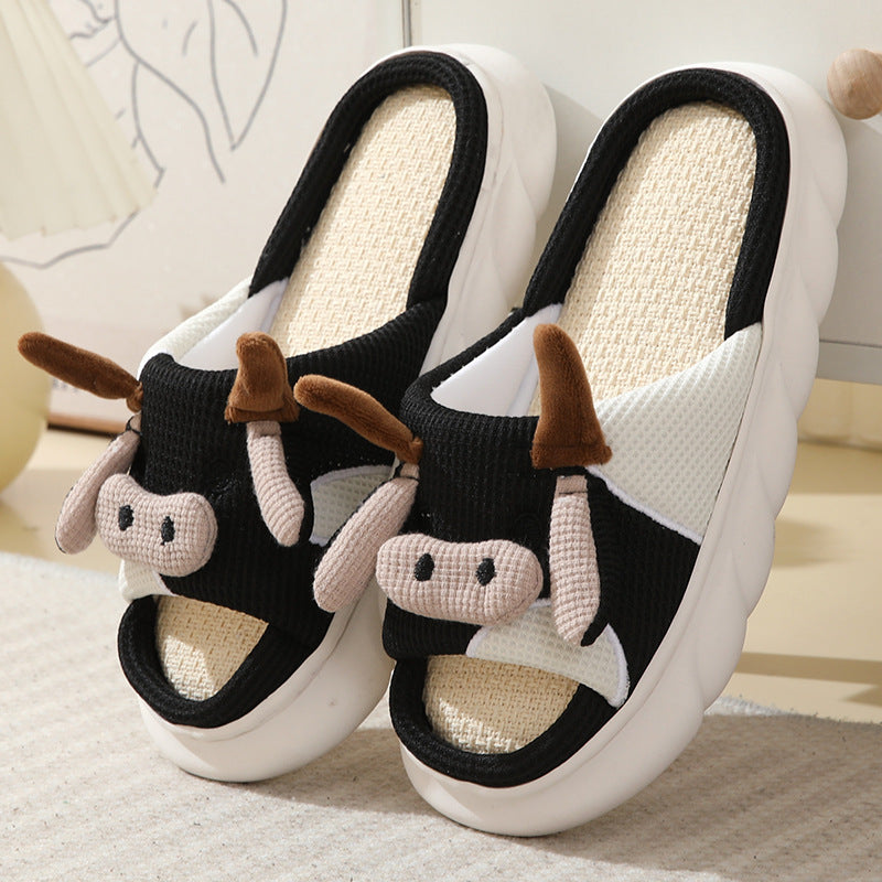 Cute Cartoon Cow Frog Slippers Linen Non-slip Shoes Indoor Garden Home Slippers