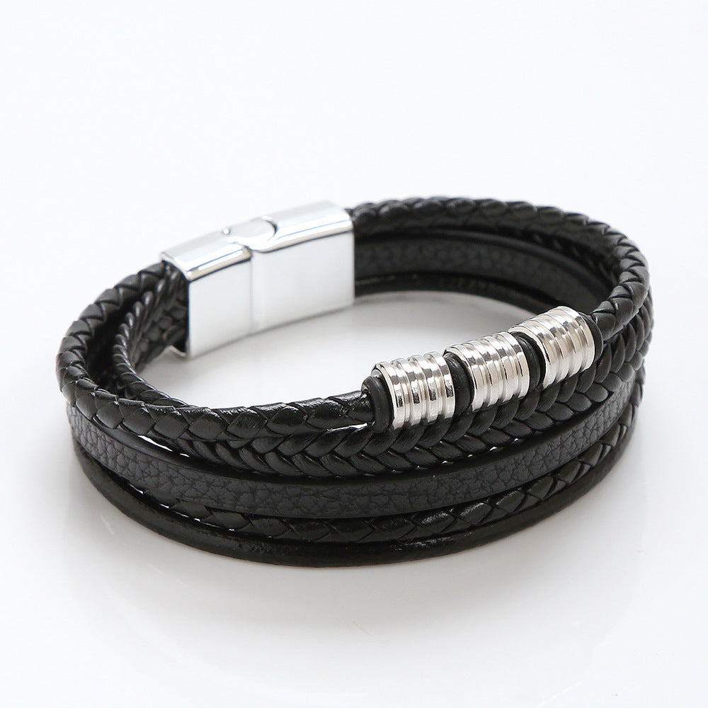 Stainless Steel Leather Magnetic Buckle Woven Bracelet