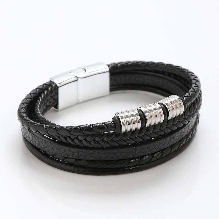 Stainless Steel Leather Magnetic Buckle Woven Bracelet