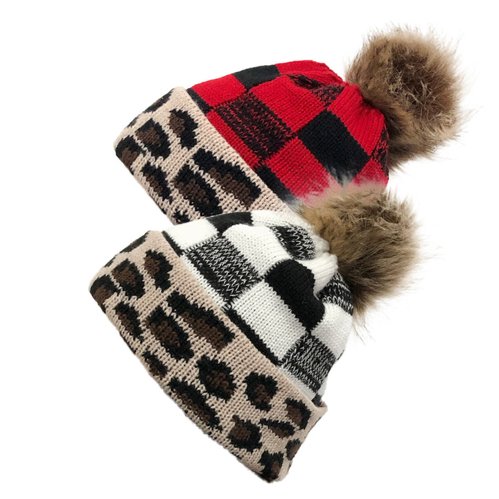 Plaid Fur Ball Knitted Hat Women's Warm Beanie Hat Jacquard Hat Woolen Cap Sleeve Cap