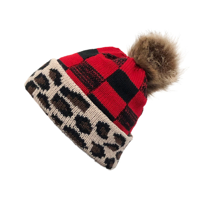 Plaid Fur Ball Knitted Hat Women's Warm Beanie Hat Jacquard Hat Woolen Cap Sleeve Cap