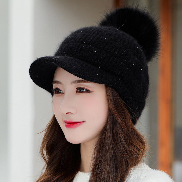 Women's Rabbit Fur Ball Plus Velvet Warm Woolen Hat