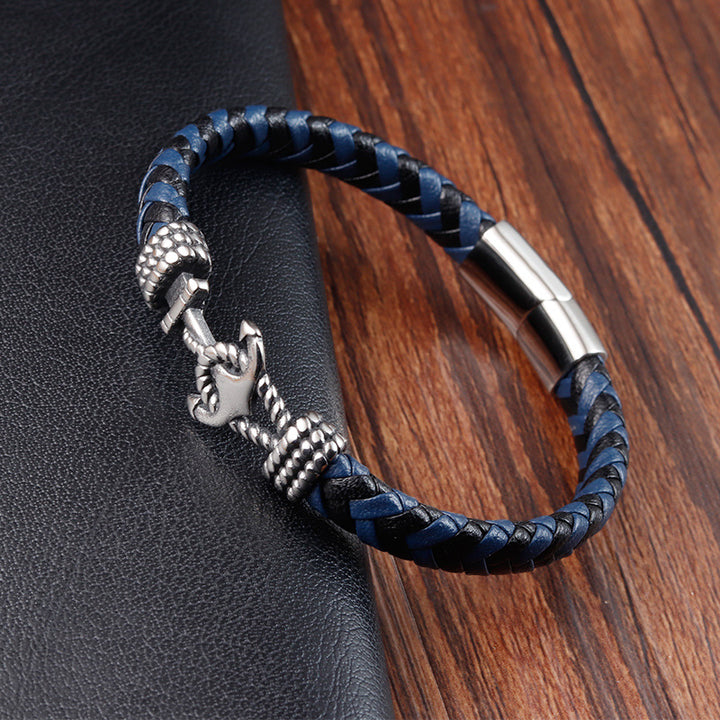 Titanium Steel Bracelet Leather Braided Anchor