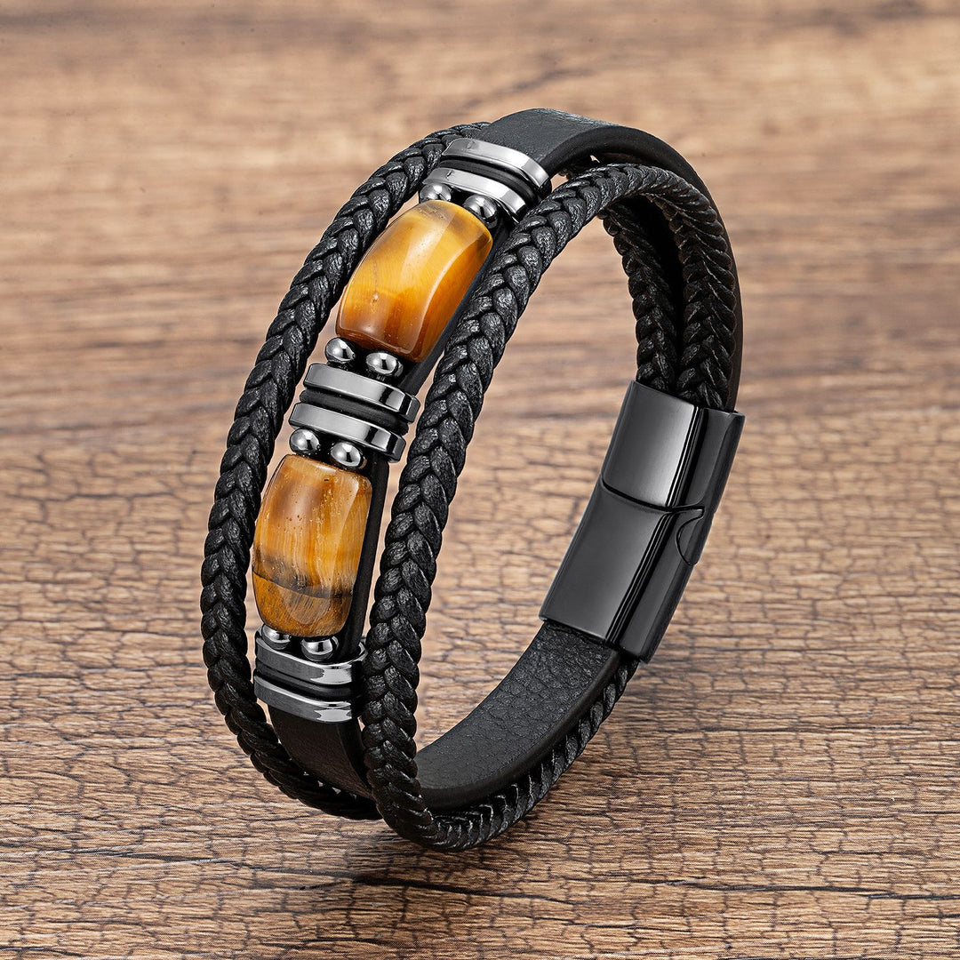 Tiger Eye Bracelet Men's Multi-layer Leather Rope Stainless Steel