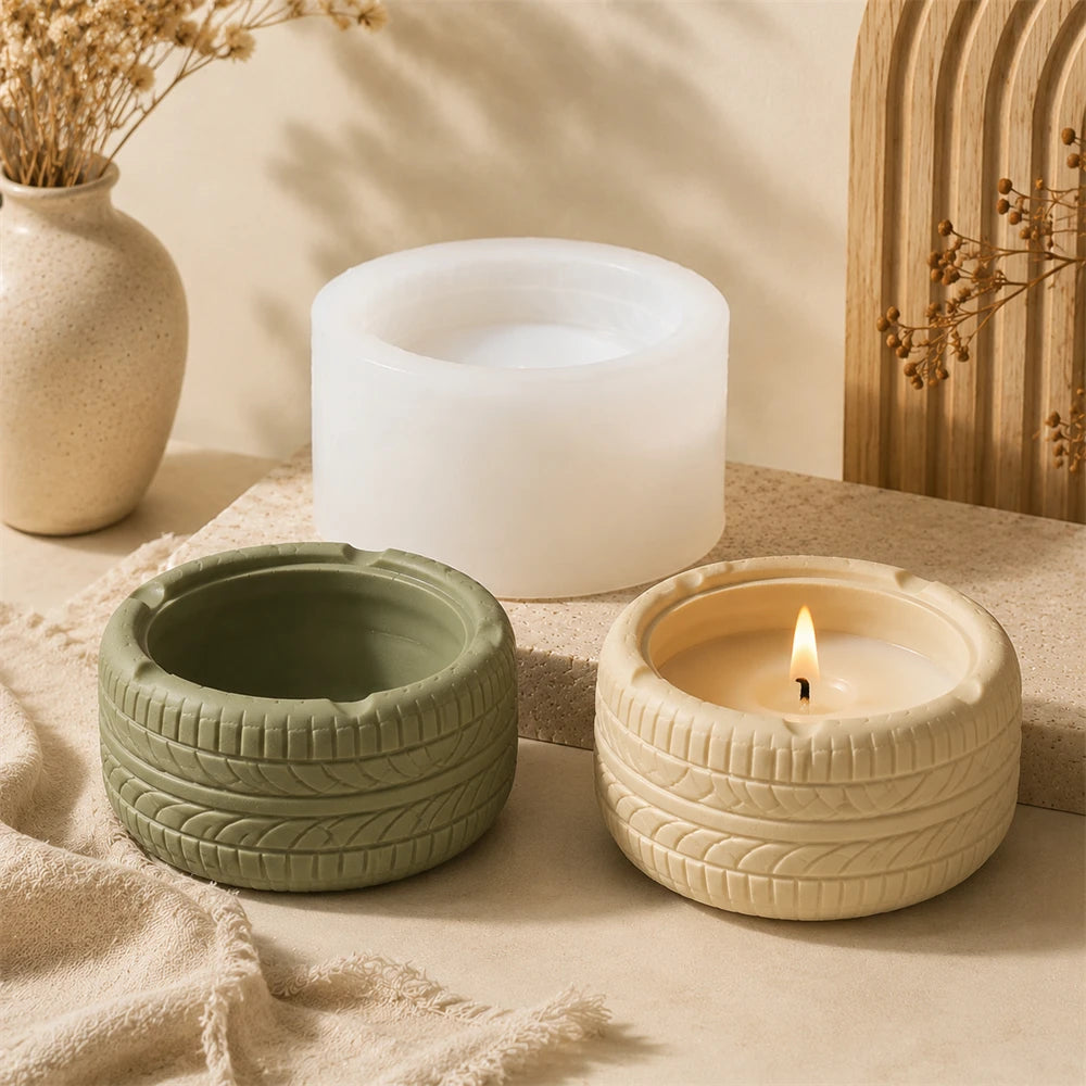 Tire Shape Candle Jar Silicone Mold 3D Car Tire Ashtray Making Mold Resin Concrete Casting Mold DIY Handmade Craft Supplies