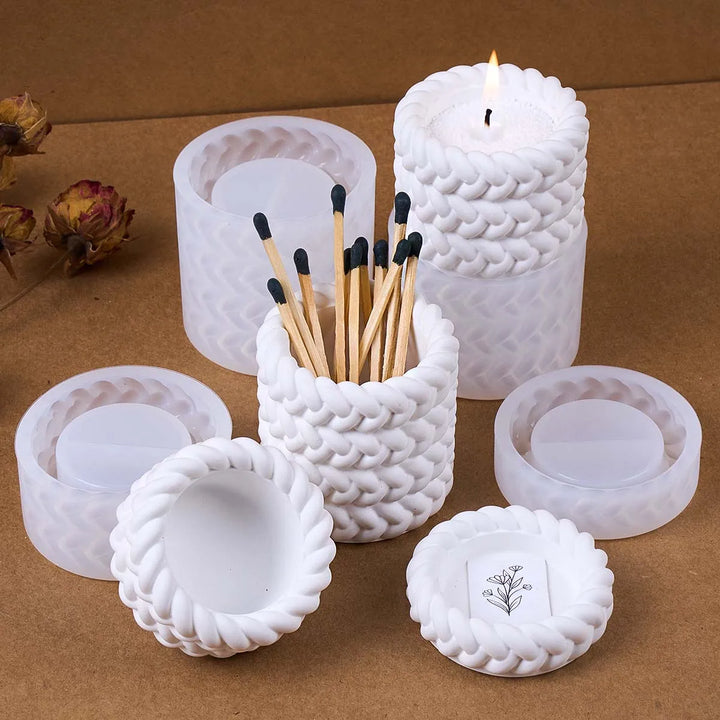 Woven Candle Jar Silicone Mold DIY Round Concrete Flowerpot Casting Molds Plaster Resin Storage Box Craft Making Home Decor