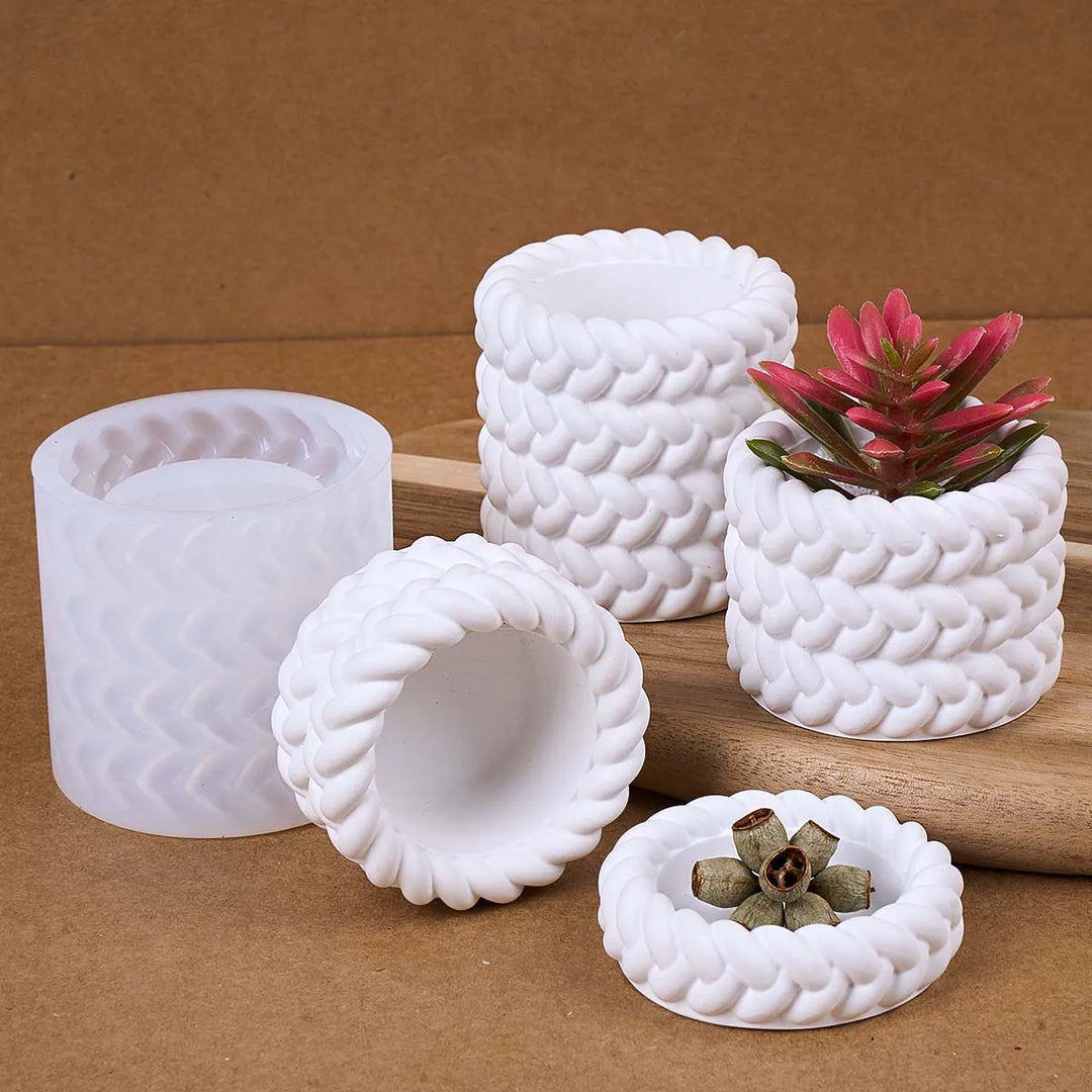Woven Candle Jar Silicone Mold DIY Round Concrete Flowerpot Casting Molds Plaster Resin Storage Box Craft Making Home Decor