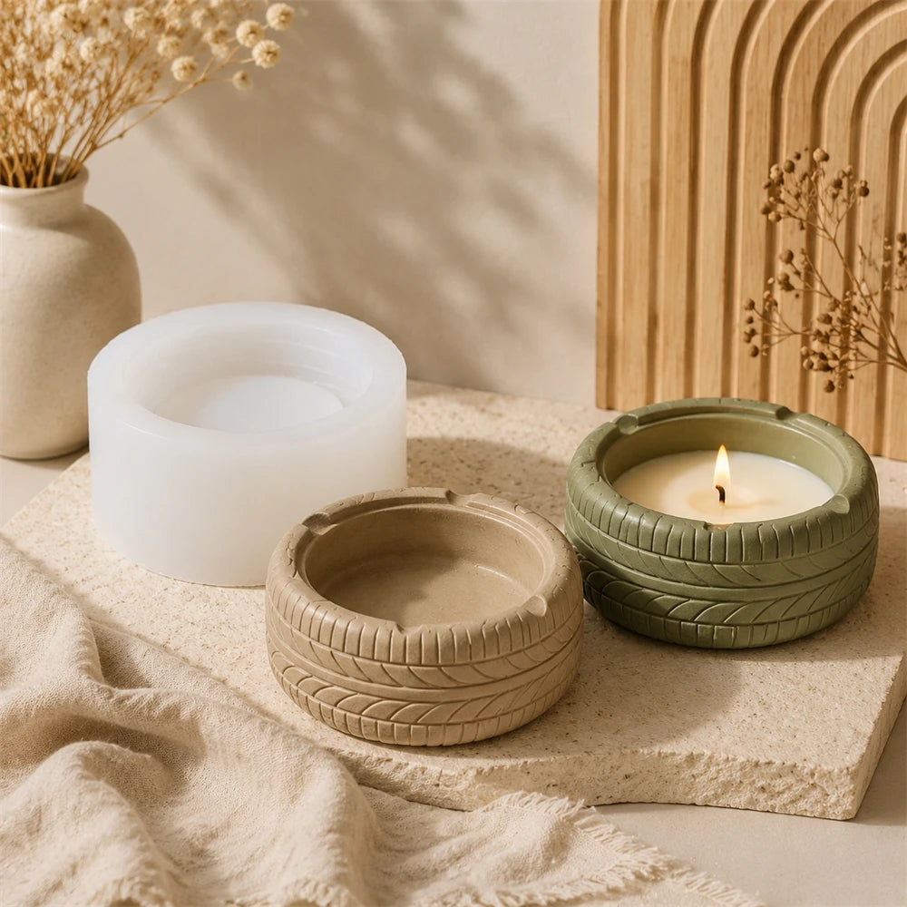 Tire Shape Candle Jar Silicone Mold 3D Car Tire Ashtray Making Mold Resin Concrete Casting Mold DIY Handmade Craft Supplies