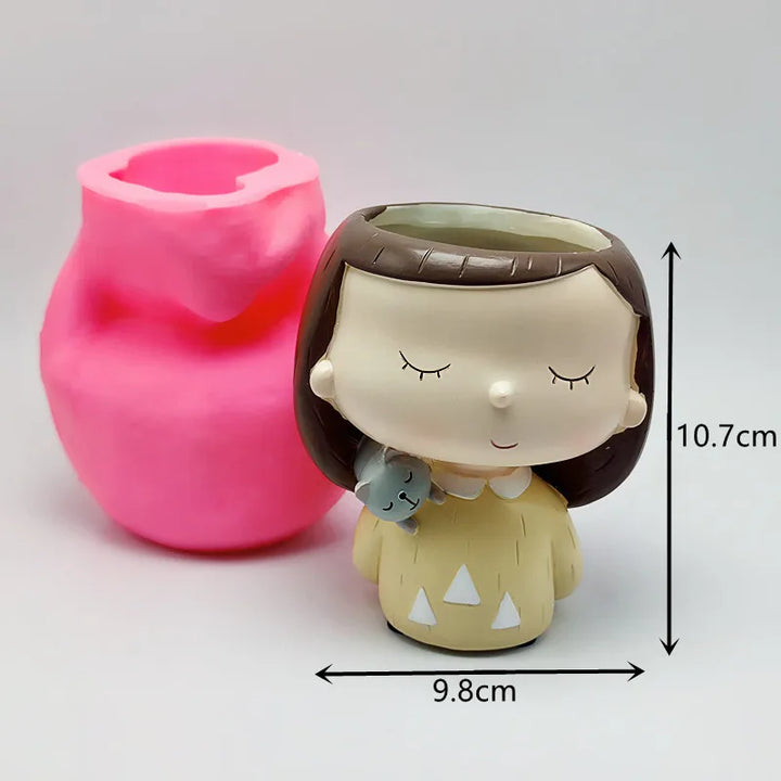 Cute Cat Girl Flower Pot Silicone Mold for DIY Succulent Resin Concrete Vase Home Decor Craft Making Tool