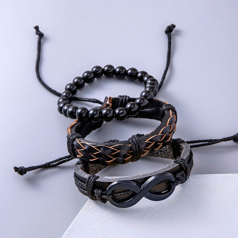 Men’s Black Braided Leather Wrap Bracelet with Infinity Symbol