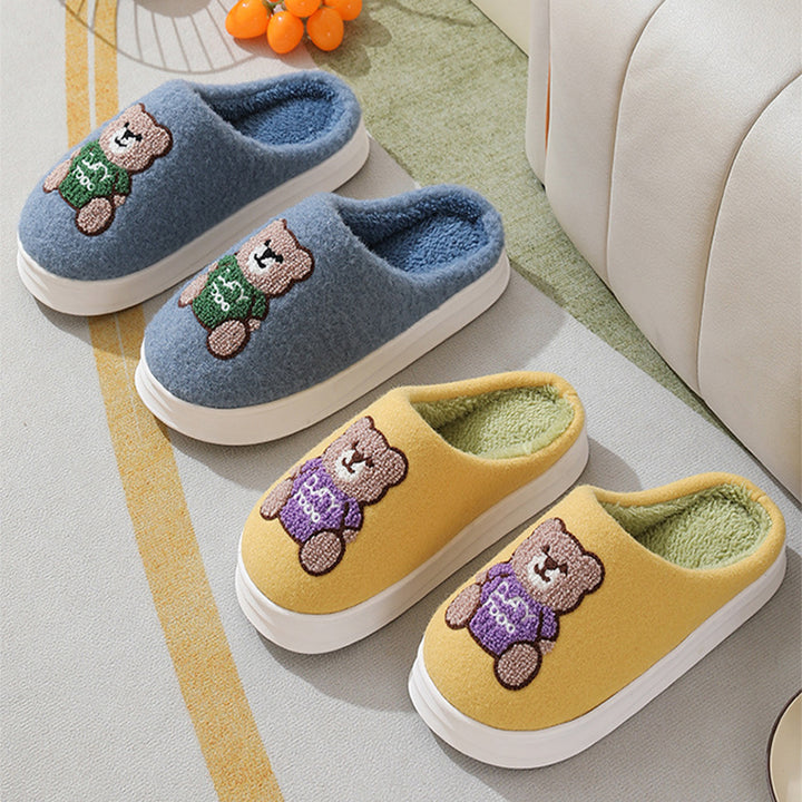 Lovely Cartoon Bear Woolen Slippers For Women Winter Indoor Thick-soled Non-slip Home Slippers Breathable Warm Bedroom Floor House Shoes