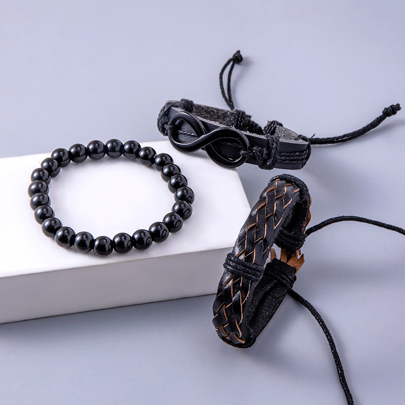 Men’s Black Braided Leather Wrap Bracelet with Infinity Symbol