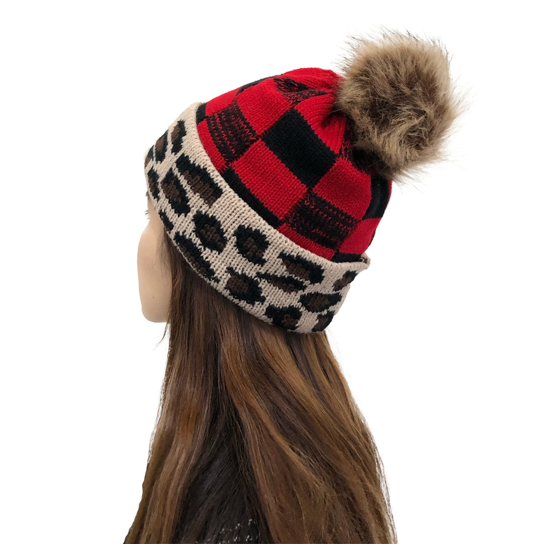 Plaid Fur Ball Knitted Hat Women's Warm Beanie Hat Jacquard Hat Woolen Cap Sleeve Cap