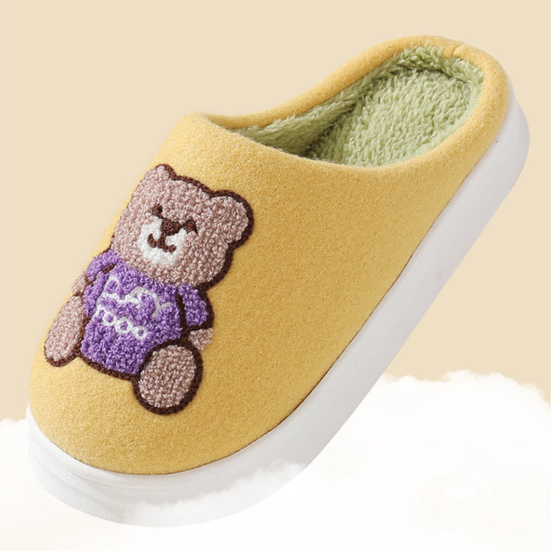 Lovely Cartoon Bear Woolen Slippers For Women Winter Indoor Thick-soled Non-slip Home Slippers Breathable Warm Bedroom Floor House Shoes