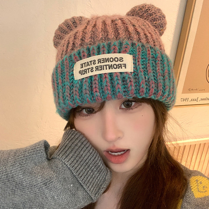 Mixed Color Knitted Ears Earmuffs Hat Women's Autumn And Winter Warm Sweet Cute