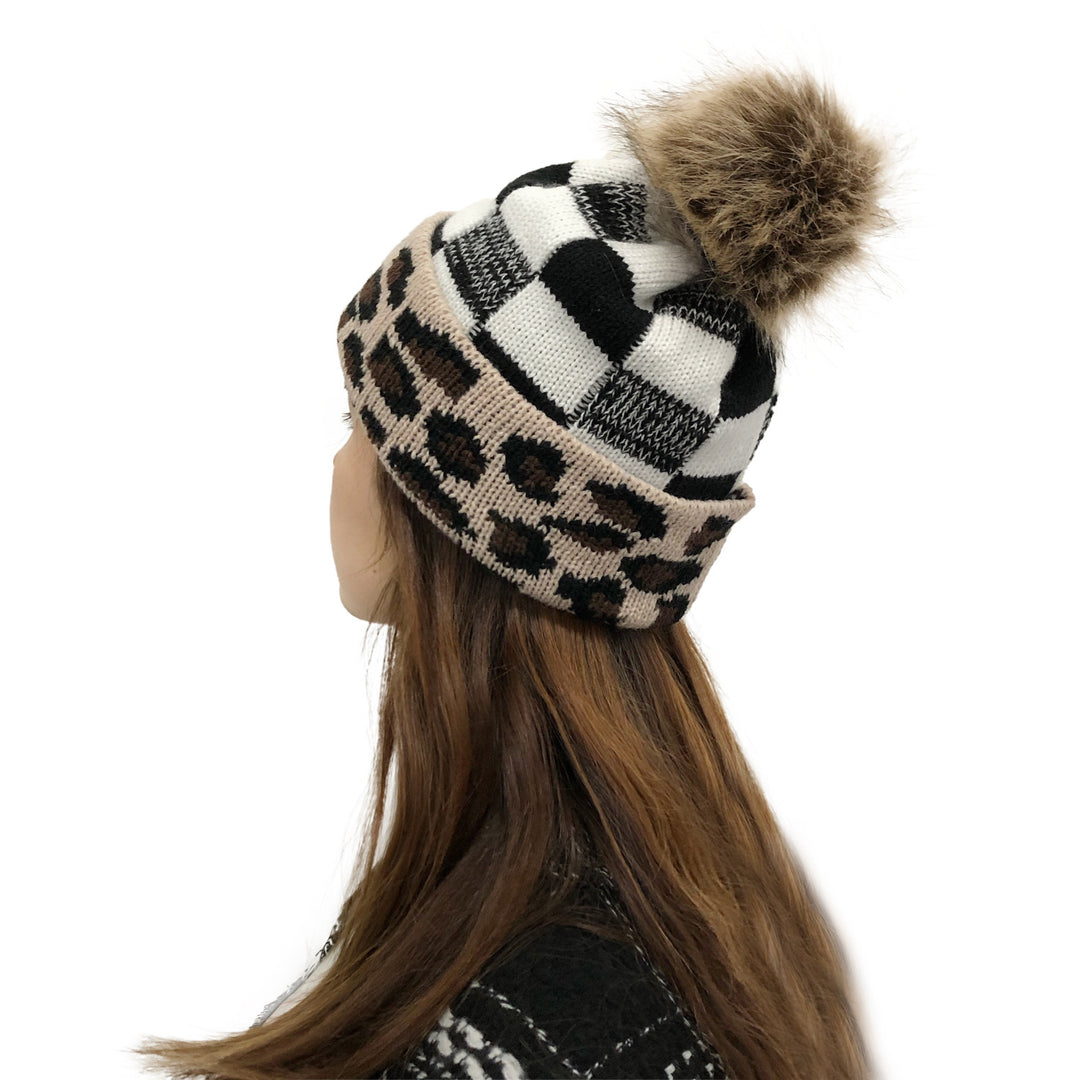 Plaid Fur Ball Knitted Hat Women's Warm Beanie Hat Jacquard Hat Woolen Cap Sleeve Cap