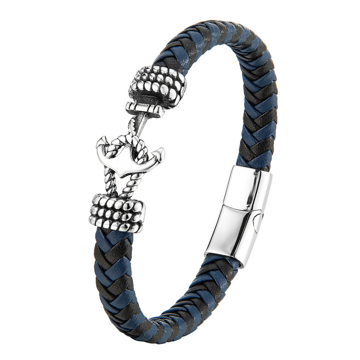 Titanium Steel Bracelet Leather Braided Anchor