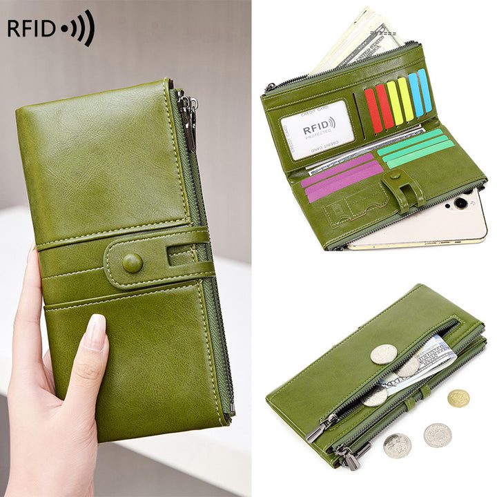 Oil Wax Leather Double Zipper New Retro Anti-theft Swiping Women&