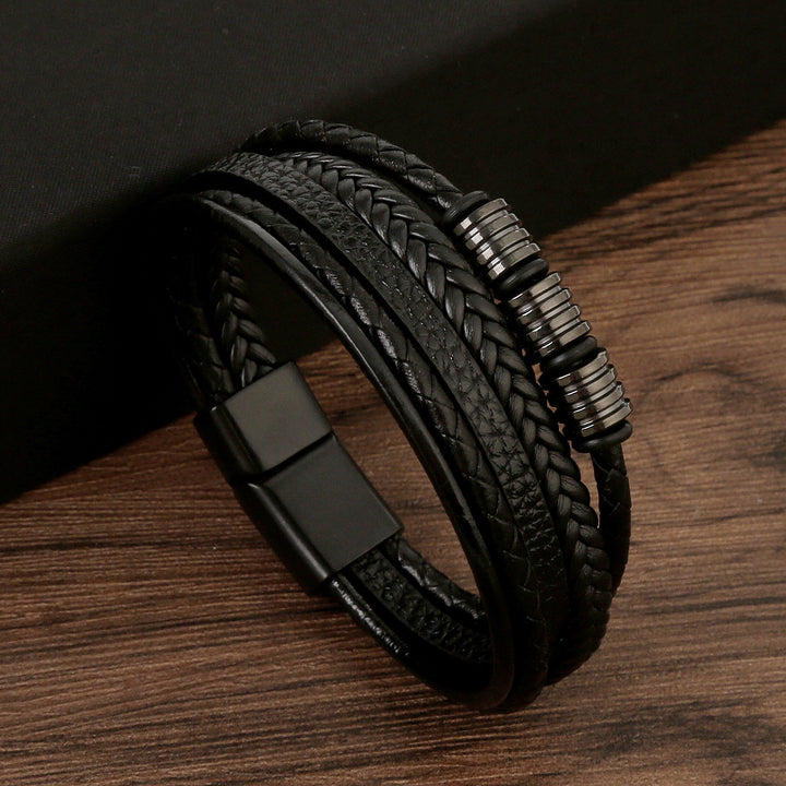 Stainless Steel Leather Magnetic Buckle Woven Bracelet