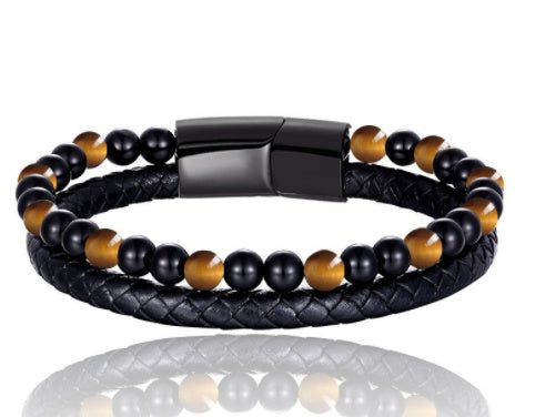 6mm Volcanic Natural Stone Tigereye Beaded Bracelet Men Cowhide String Bracelets