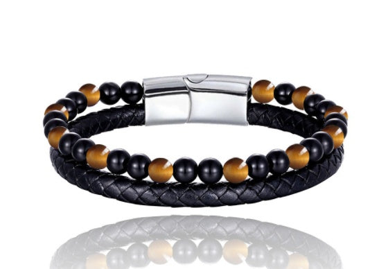 6mm Volcanic Natural Stone Tigereye Beaded Bracelet Men Cowhide String Bracelets