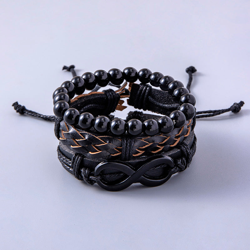 Men’s Black Braided Leather Wrap Bracelet with Infinity Symbol