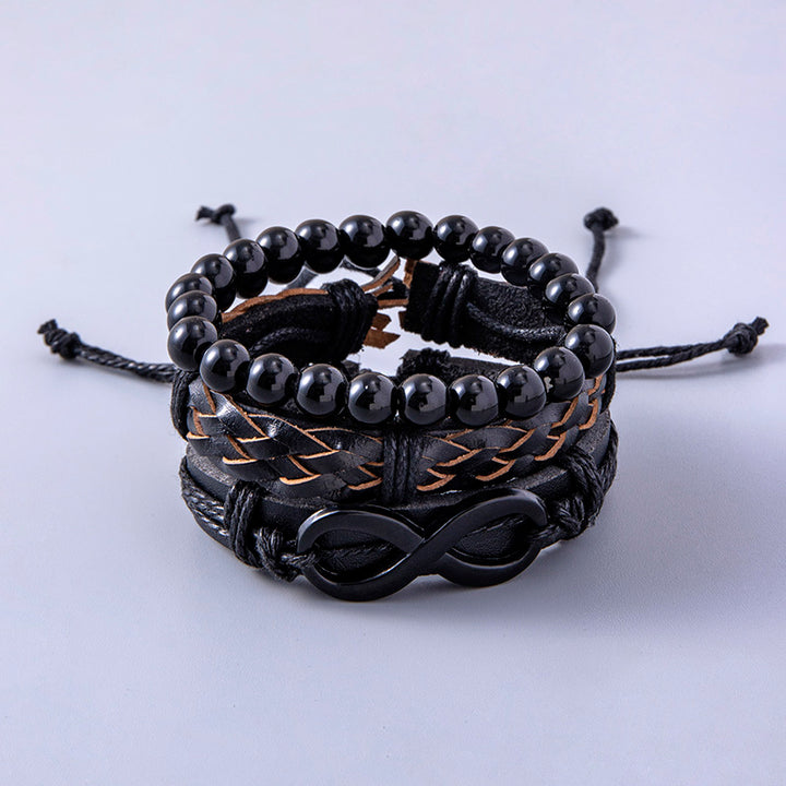 Men’s Black Braided Leather Wrap Bracelet with Infinity Symbol