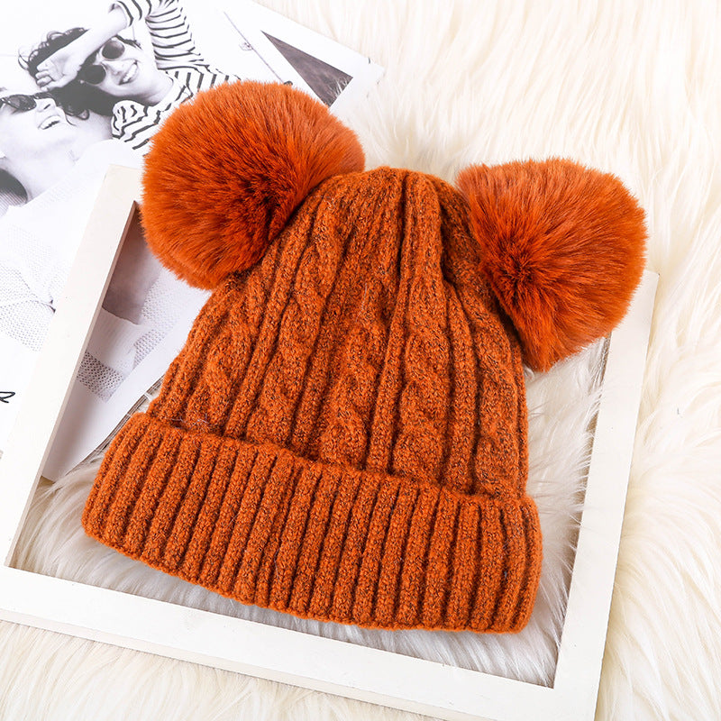 Ladies Fleece Double Fur Ball Personalized Warm Hat