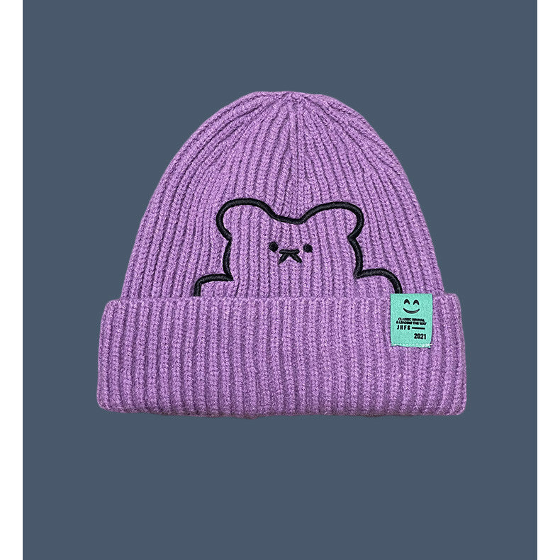 Embroidery Cute Cartoon Bear Knitted Hat Women