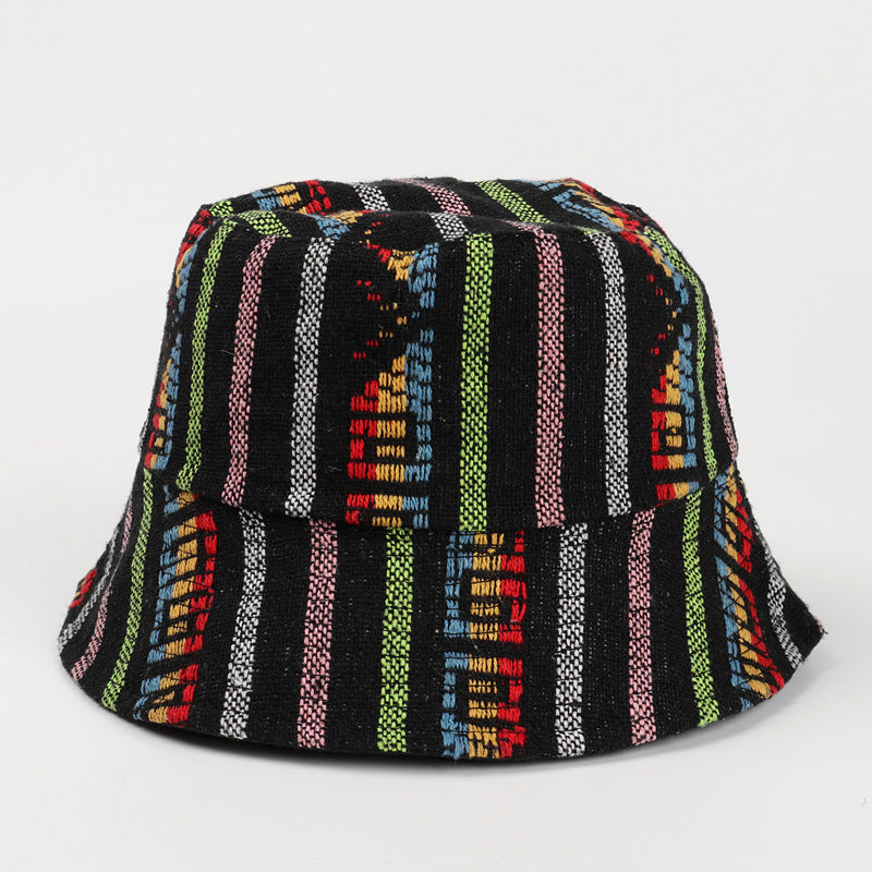 European And American Retro Color Ethnic Style Knitted Reversible Fisherman Hat Male And Female Stripes Diamond Canvas Casual Flat Top Bucket Hat