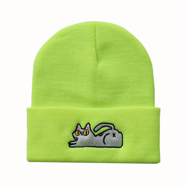 Cute Lazy Cat Embroidered Hip Hop Knitted Beanie