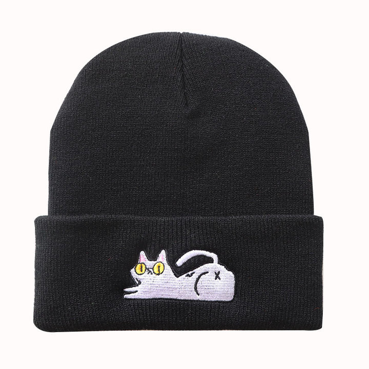 Cute Lazy Cat Embroidered Hip Hop Knitted Beanie